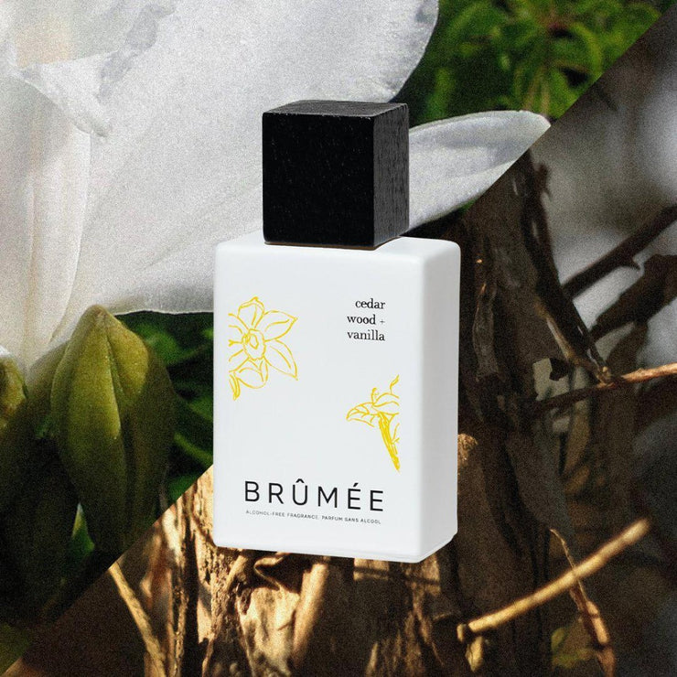 Cedar Wood + Vanilla Alcohol-free Fine Fragrance on background with flowers and leaves | Brûmée 