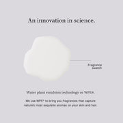 image of the fragrance swatch with the text saying: innovation in science. Water plan emulsion technology